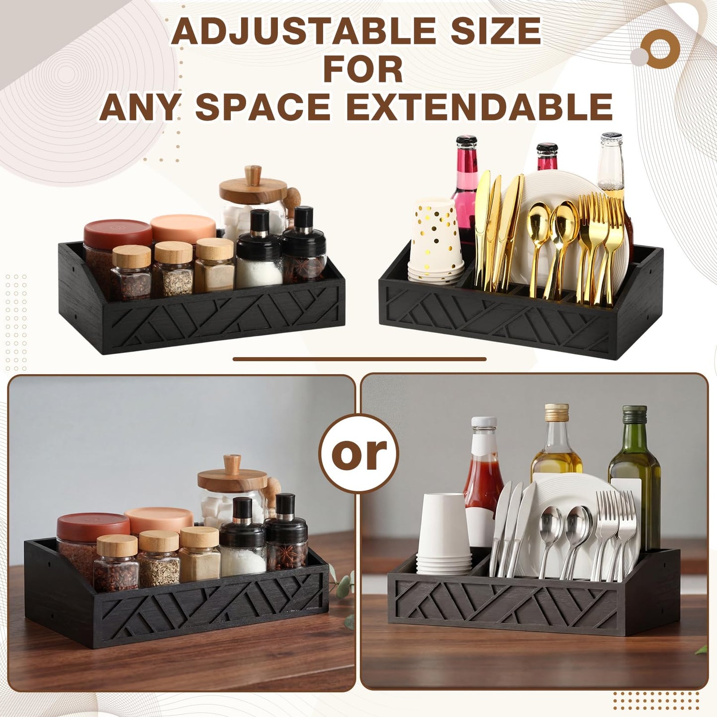 Geelin 2 Tier Paper Plate Dispenser Wood Rustic Paper Plate Holder for Countertop Silverware Utensil Caddy Cutlery Flatware Organizer Rack for Cups Spoons Forks Napkins, Kitchen Accessories, Black