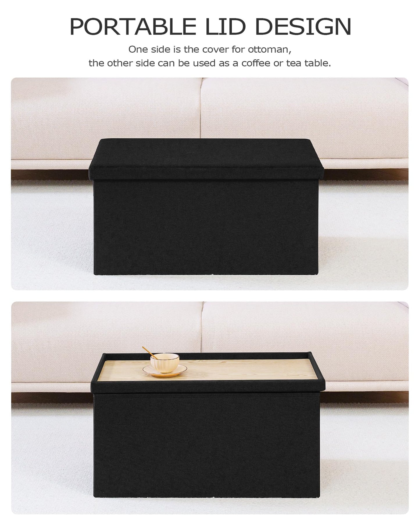 PINPLUS Folding Storage Bench, 30 inches Ottoman Coffee Table Cube Chair Foot Rest Stool Storage Chest for Living Room Bedroom, Holds up to 550 lb (Black)