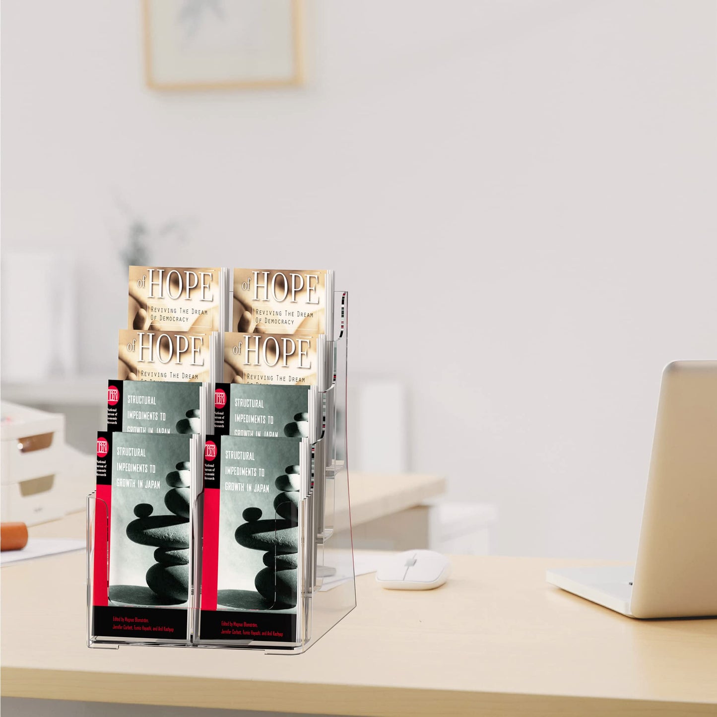 zavekia 4 Tier Acrylic Brochure Holder 8.5 x 11 inch, Clear Literature Organizer Magazine Stand with Removable Divider for 4 x 9 inch Brochures,Magazine Holder,Flyer Holder