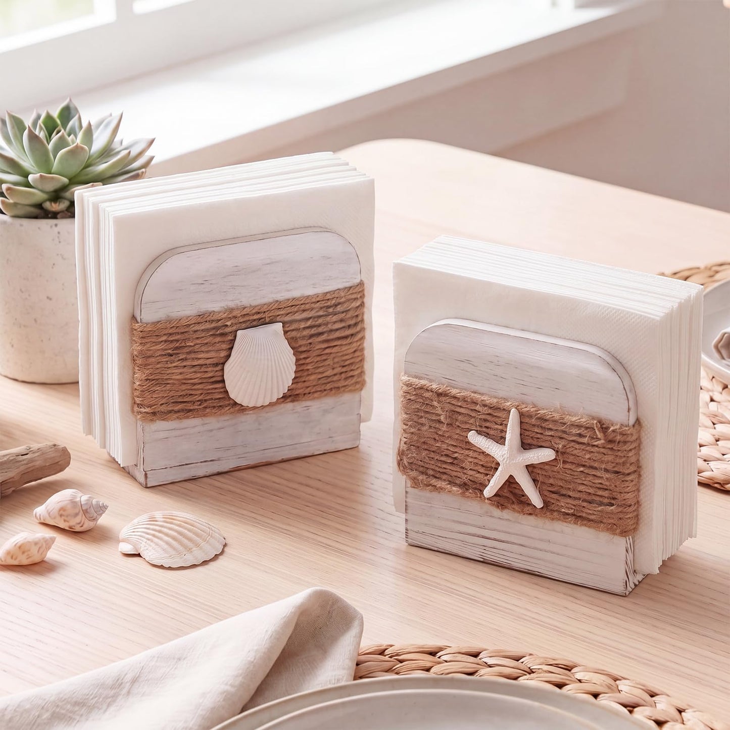 Ferrochef 2 Pack Coastal Natural Napkin Holder for Table, Beach Theme White Wooden Napkin Holders Tissue Dispenser for Table Kitchen Dining Coastal Room Home Decor