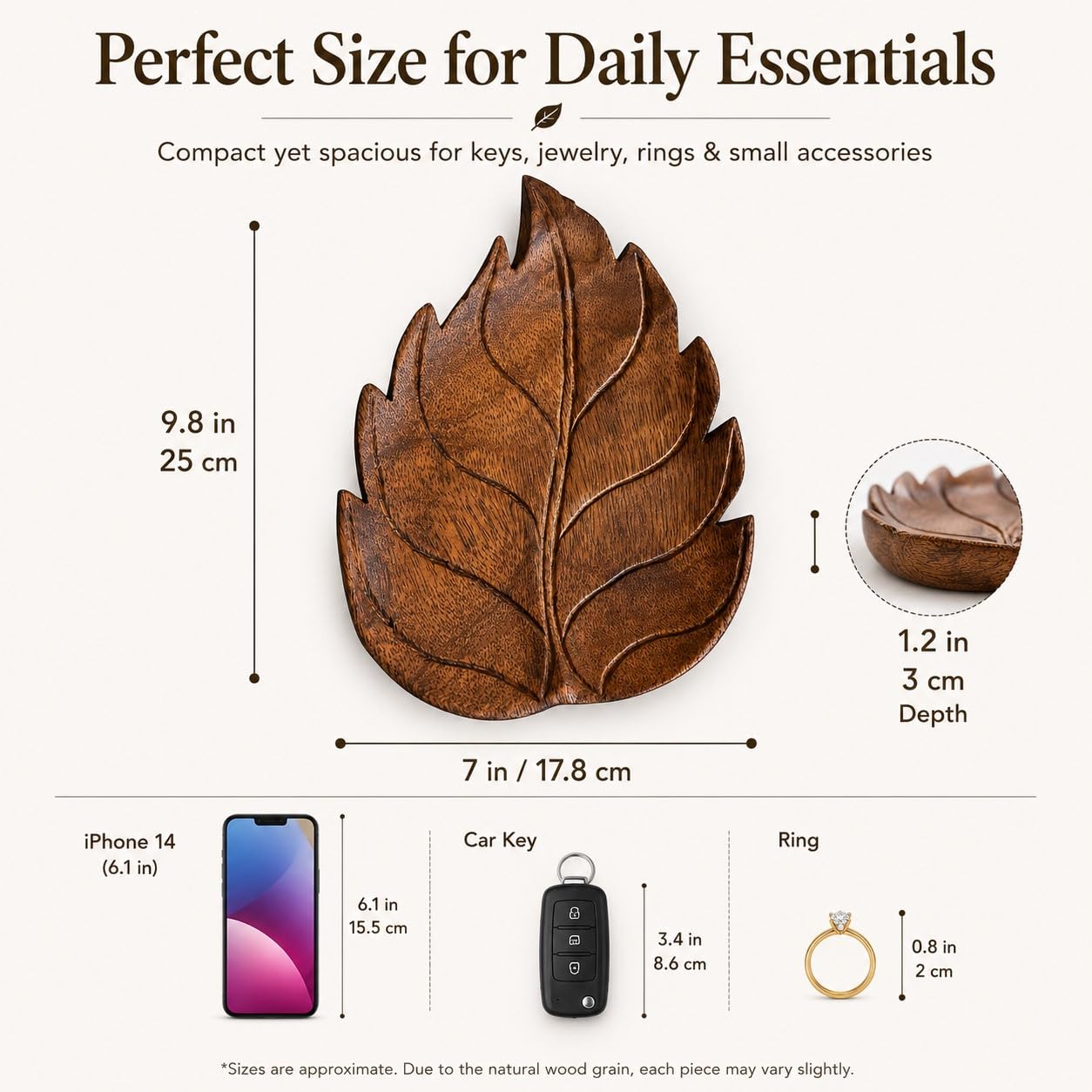 Wooden Leaf Tray, Leaf Shaped Trinket Dish for Keys, Jewelry, Crystals, Candles, Rustic Decorative Tray for Entryway, Nightstand, Vanity, Coffee Table, Fall Home Decor