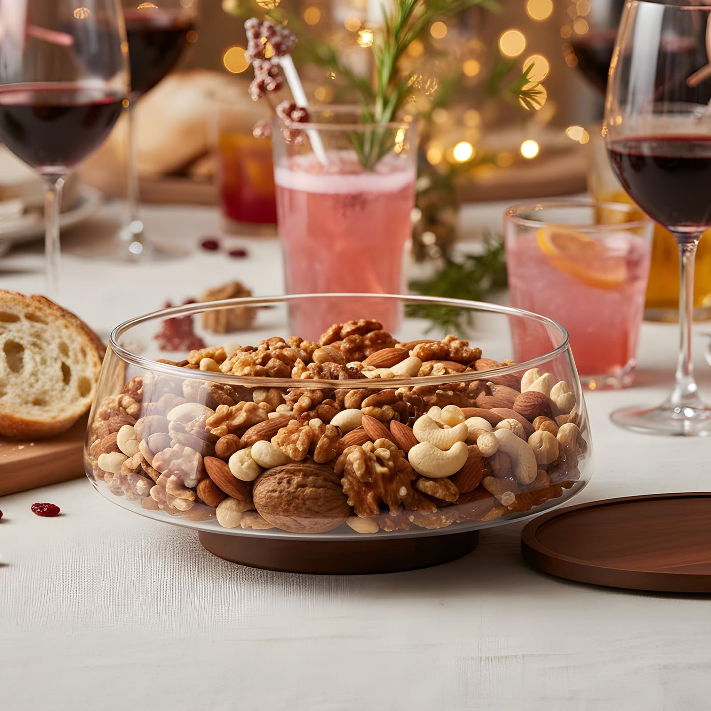 Extra Large Glass Salad Bowl Set, 4.8Qt Mixing Bowl with Acacia Wood Lid, Base and Salad Serving Utensils, Clear Serving Bowl Trifle Bowl, Elegant Salad Bowls for Kitchen,Parties,Christmas
