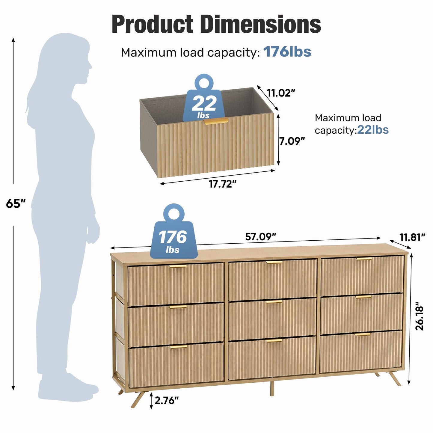 DUMOS Fabric Fluted Dresser,Chest of 9 Fabric Drawers for Bedroom, Large Dressers with Metal Frame & Wooden Top, Storage Organizer Closet for Living Room, Entryway, Oak