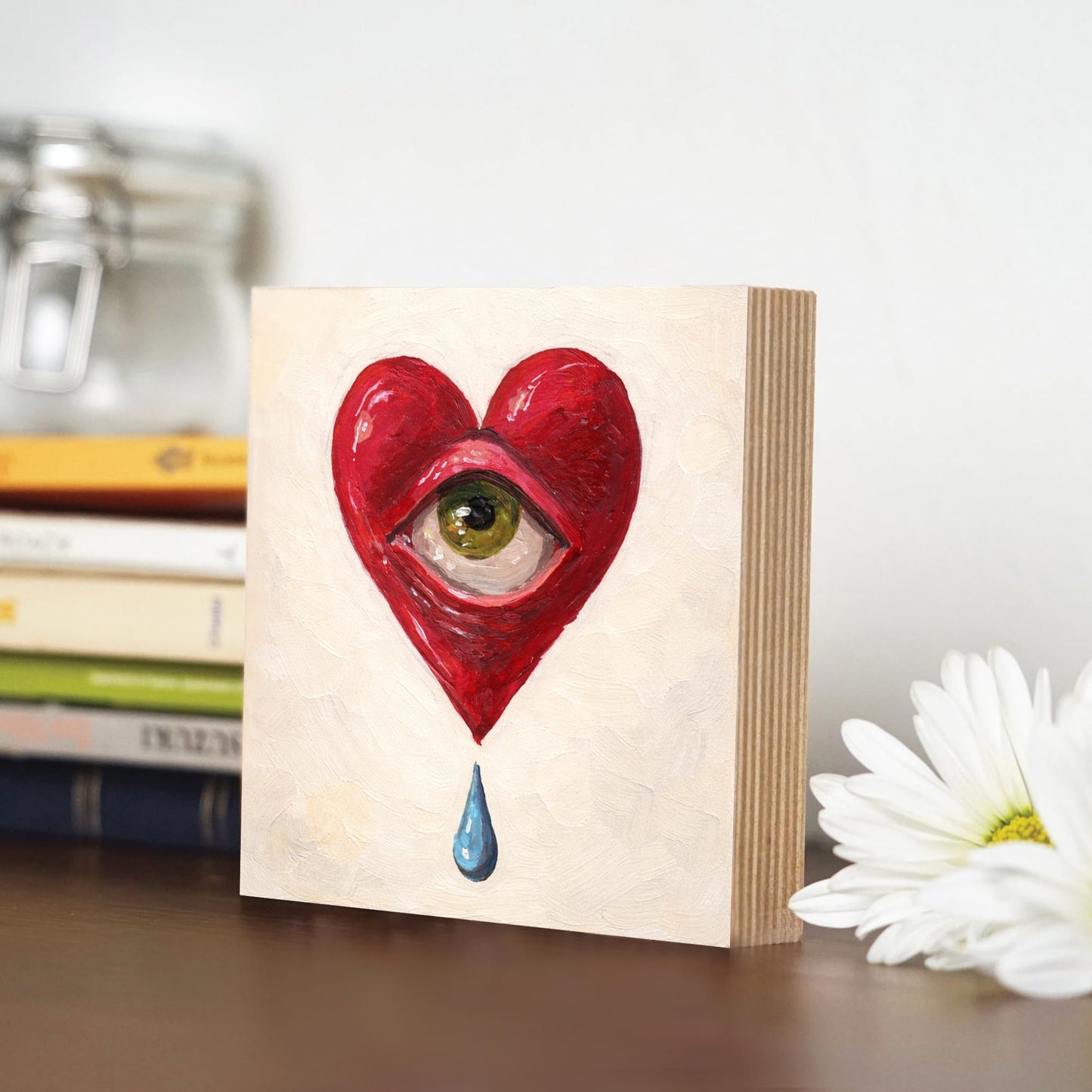 Surreal Heart Eye Wooden Block Sign, Emotional Love Art Decor, Abstract Crying Heart Design Shelf Sitter, Modern Home Table Mantel Tiered Tray Accent Gift for Art Lover