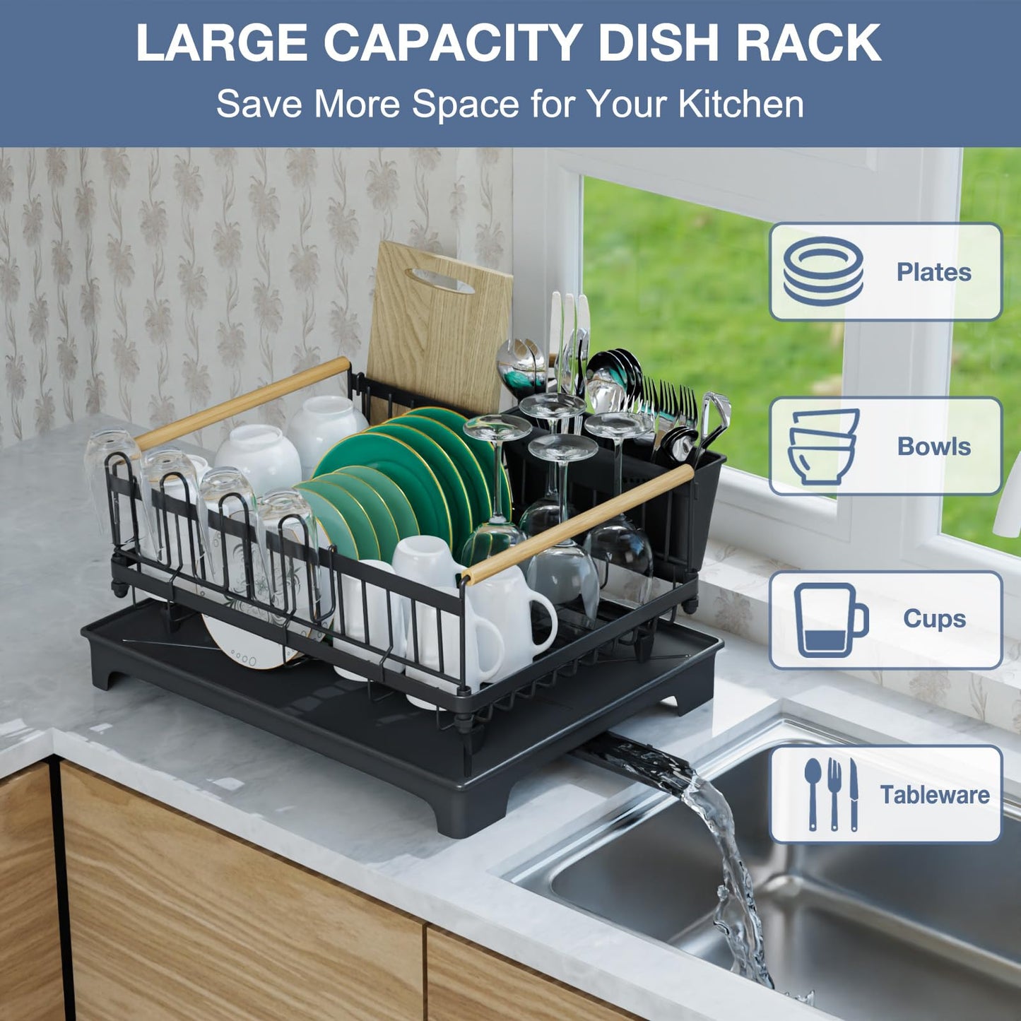 Dish Rack Lightweight & Space-Saving Drying Rack with Drainboard Large Capacity Anti-Rust Kitchen Counter Organizer with Cup, Utensil & Cutting Board Holders for Dishes, Bowels, Spoons and Forks
