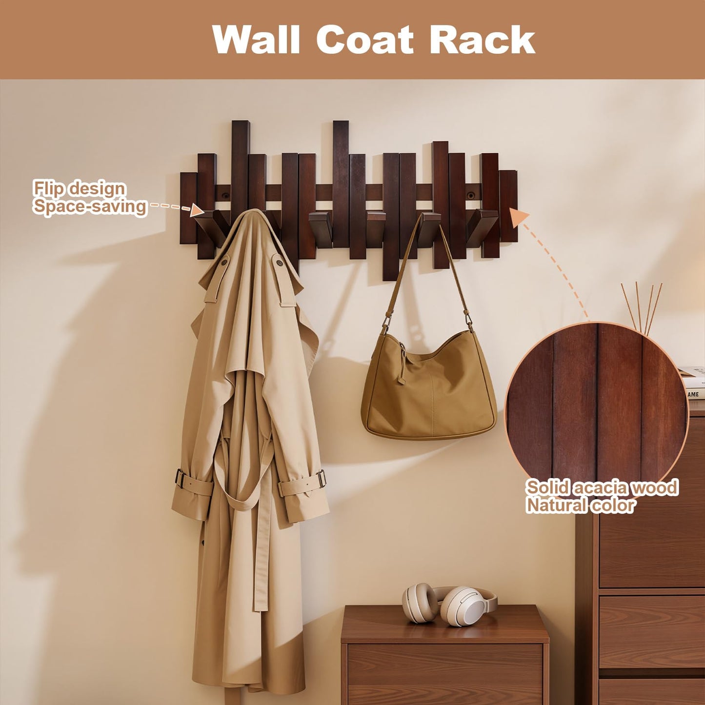 Coat Rack Wall Mount, Coat Hooks Wall Mount, Wall Mounted Coat Rack, Heavy Duty Wall Coat Rack with 6 Hooks, Acacia Wood Piano Coat Rack for Hanging Coats, Keys, Hats, Bags