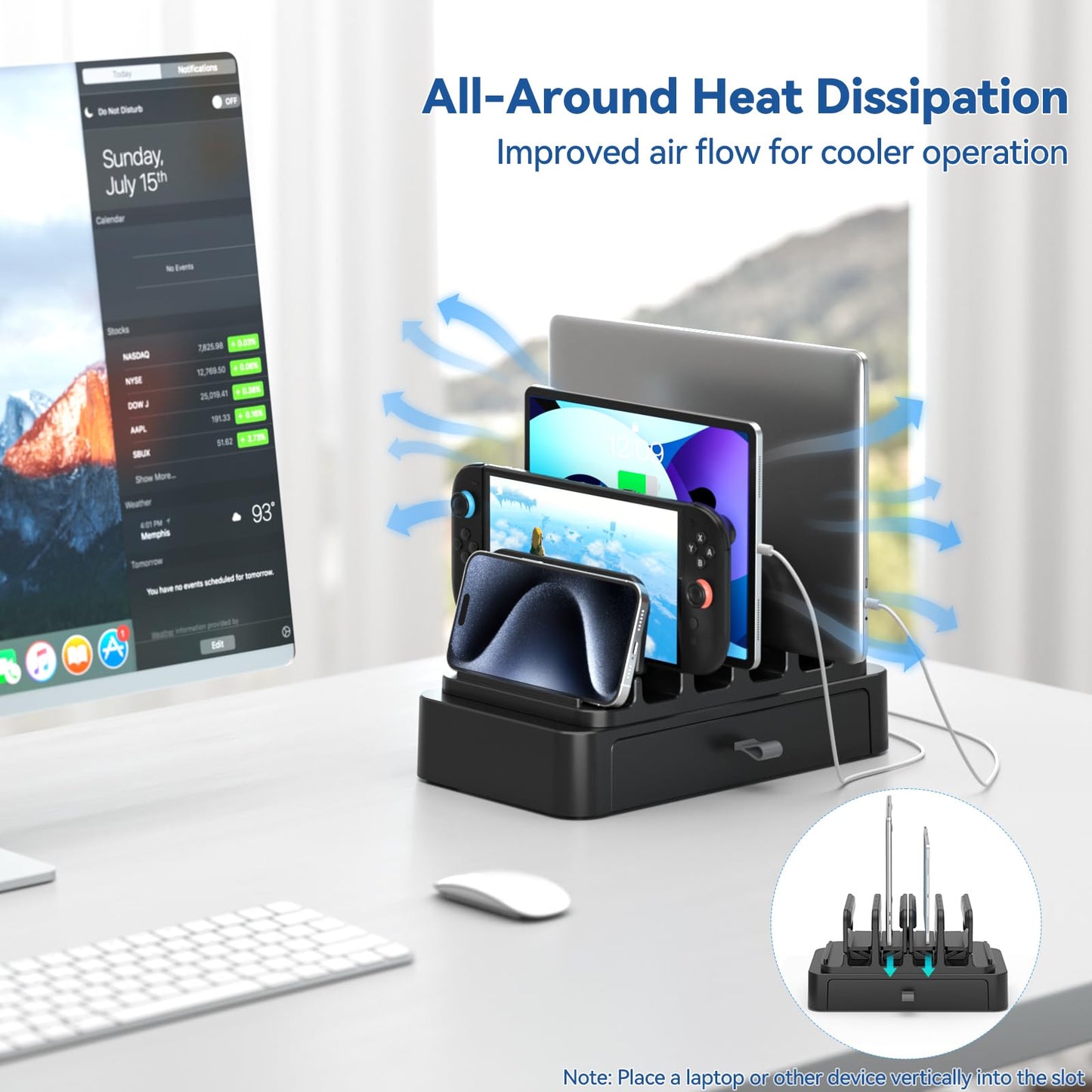 KDD Vertical Laptop Stand with Drawer - 7-in-1 Space-Saving Laptop Holder with Gravity Locking Fits MacBook, Dell, HP, Chromebook, Surface Pro, Tablet, Cell Phone, Switch, Keyboard Desktop Organizer