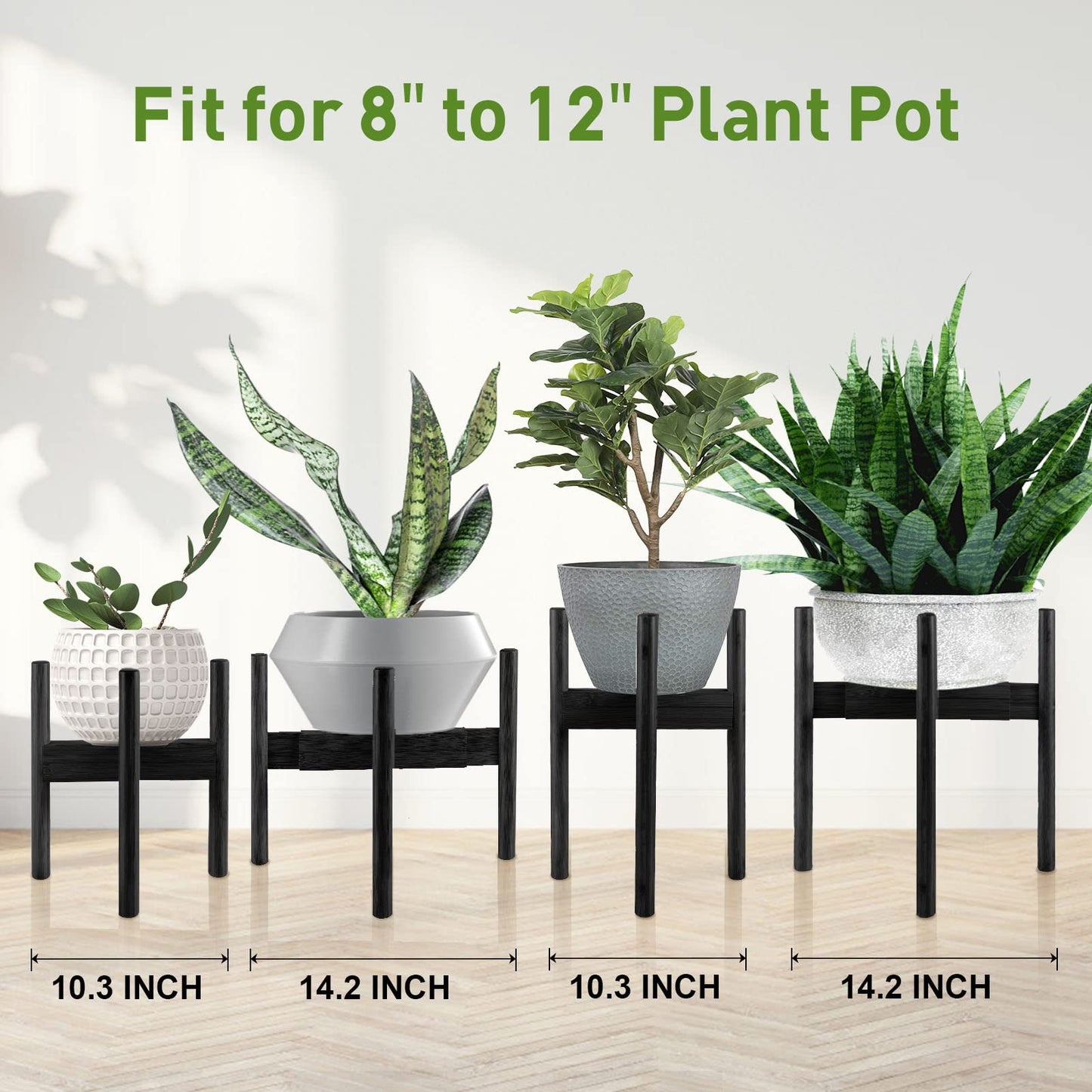BESHOF 2 Pack Bamboo Plant Stands, Adjustable Plant Stand Indoor, Mid Century Modern Plant Stand, Plant Holder for Living Room, Balcony Fits 8 to 12 Inches Pots (Black)