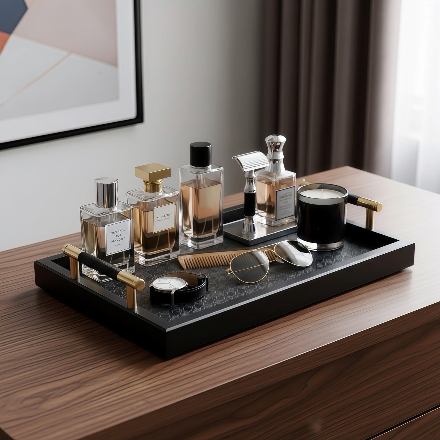 Bamboo Vanity Tray with 4 Tier Wooden Cologne Organizer in Grey