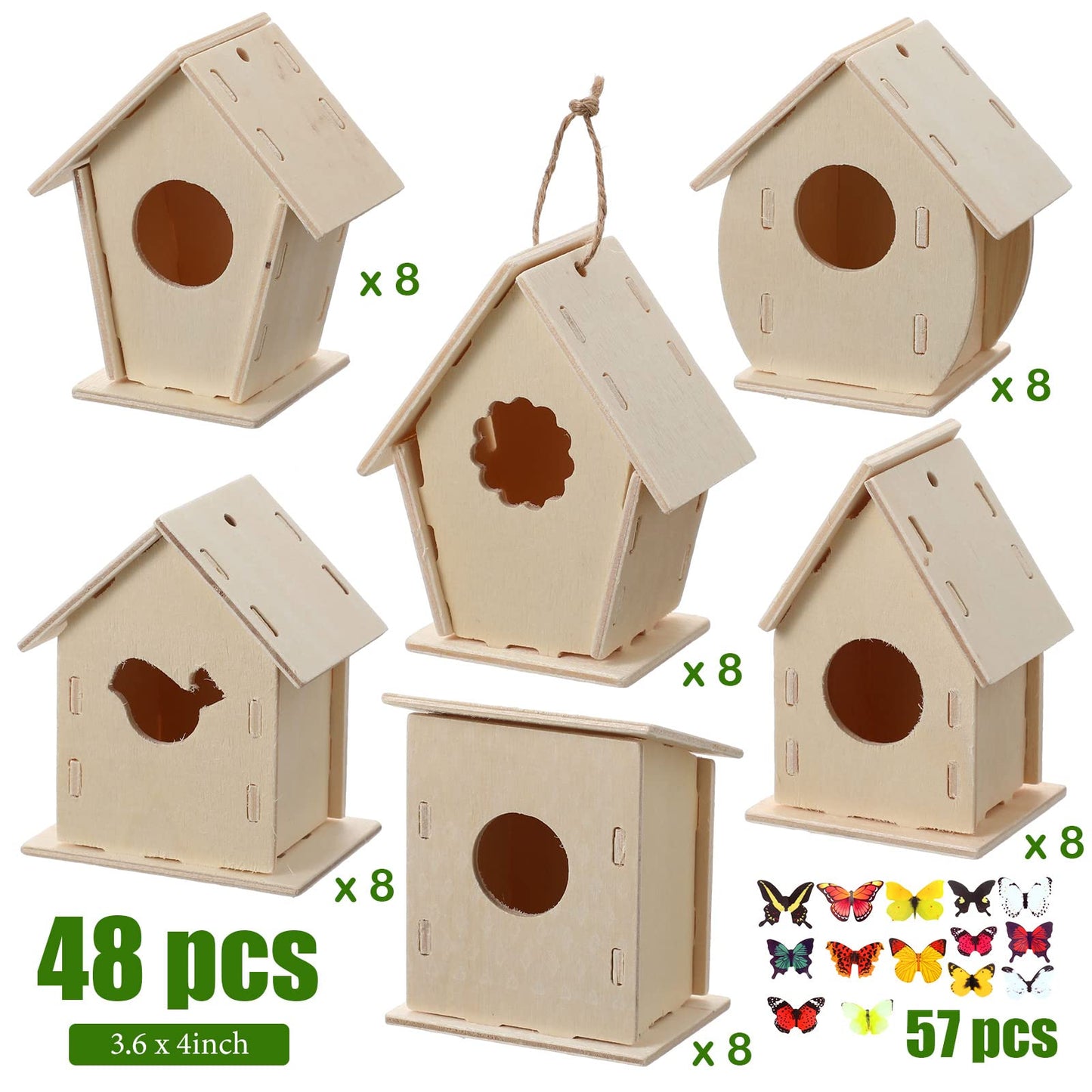 Sawysine 107 Pcs DIY Birdhouse Kits for Kids Ages 5-8 8-12, 48 Wooden Bird House Kits in 6 Shapes and 57 Butterfly Sticker for Children Summer Craft Art Activity, DIY Project(107,Multiple Entrance)