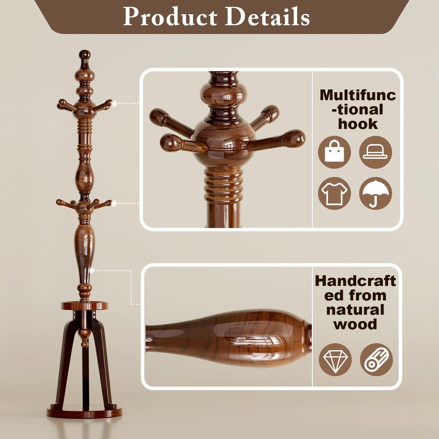 Coat Rack Freestanding with 8 Hooks & Storage Shelf, Wooden Hall Tree Coat Hanger Stand, Heavy Duty Entryway Organizer with 220 LB Load Capacity, Sturdy Wood Coat Tree for Entryway Hallway Office Home
