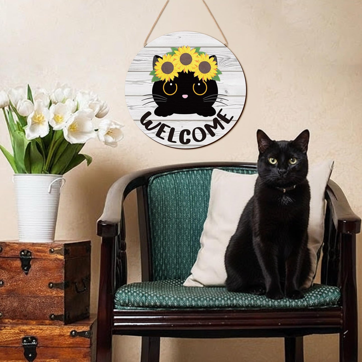 BrightRow 16 Pcs Interchangeable Welcome Sign Set for Front Door, Wooden Black Cat Welcome Sign with 15 Headwear, Farmhouse Decor for Porch, Halloween, Christmas, Housewarming Gift, Cat Lovers