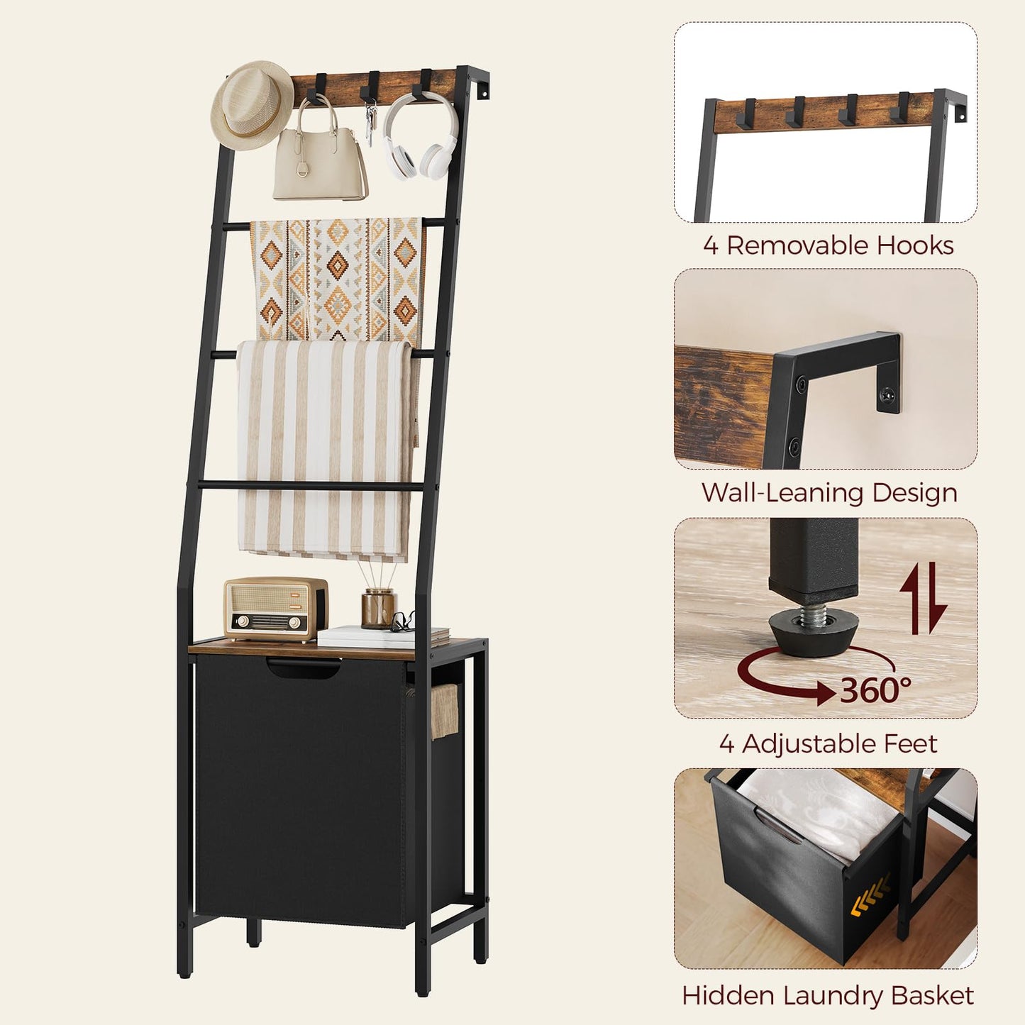 MAHANCRIS Blanket Ladder, 4-Tier Towel Rack with Pull-Out Laundry Basket & Removable Hooks, Ladder Shelf Stand, Wall-Leaning Blanket Rack for Living Room, Bedroom, Rustic Brown and Black TRHR4401