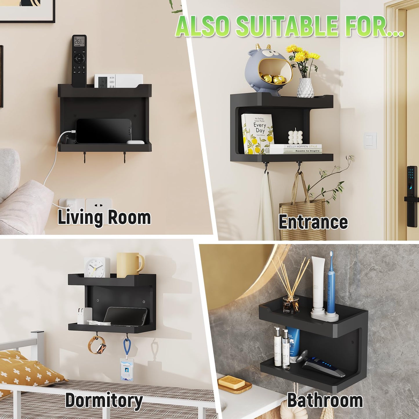 NiHome Large Wall Mounted Wooden Bedside Organizer, Double Storage Shelves & Magnetic Hooks, Solid Wood Bedside Shelf for Phone Glasses Remote Keys, Space-Saving Wall Rack for Bedroom RV Dorm (Black)