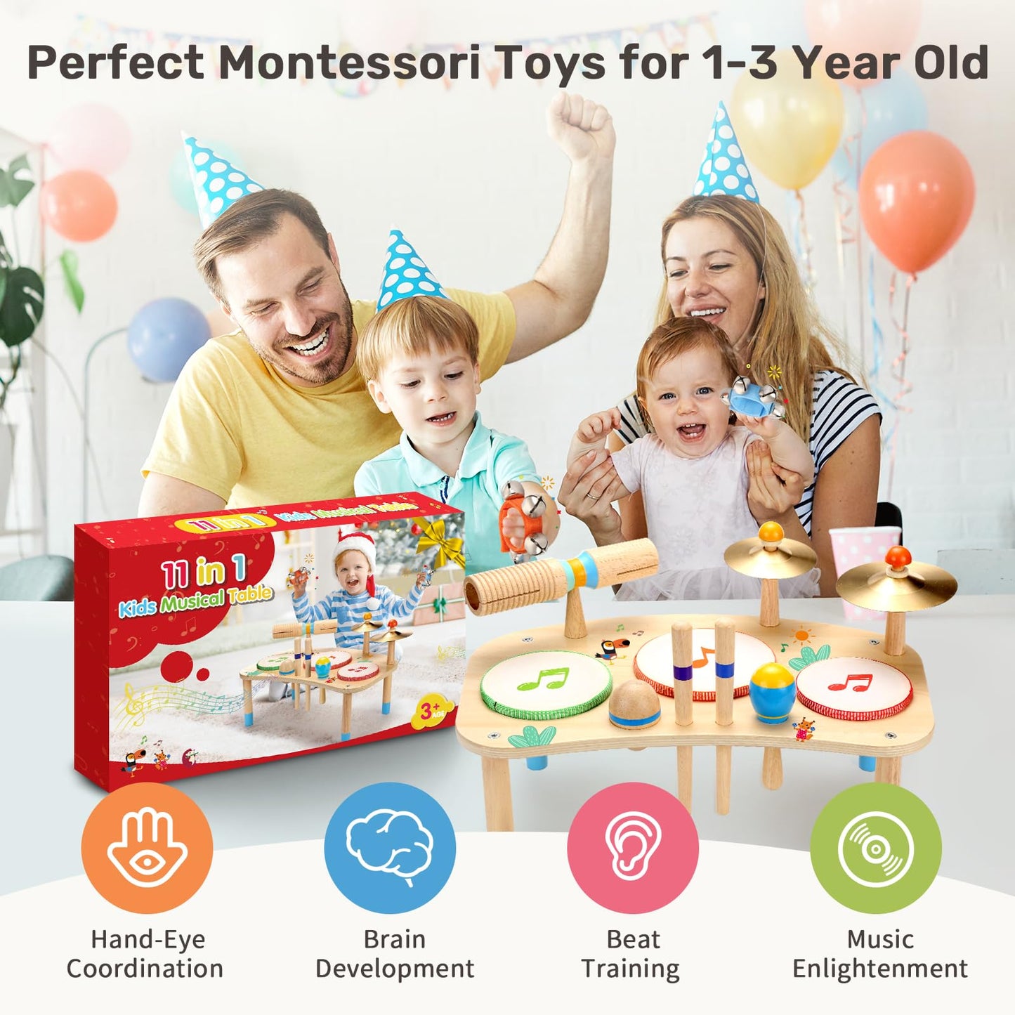 WINGYZ 11-in-1 Toddler Drum Set-Low Noise Wooden Baby Musical Instruments for Toddlers 1-3 & Montessori Musical Toys,Music Table with Bongo Drums, Cymbals, Maracas & Wrist Bells for Early Rhythm Play