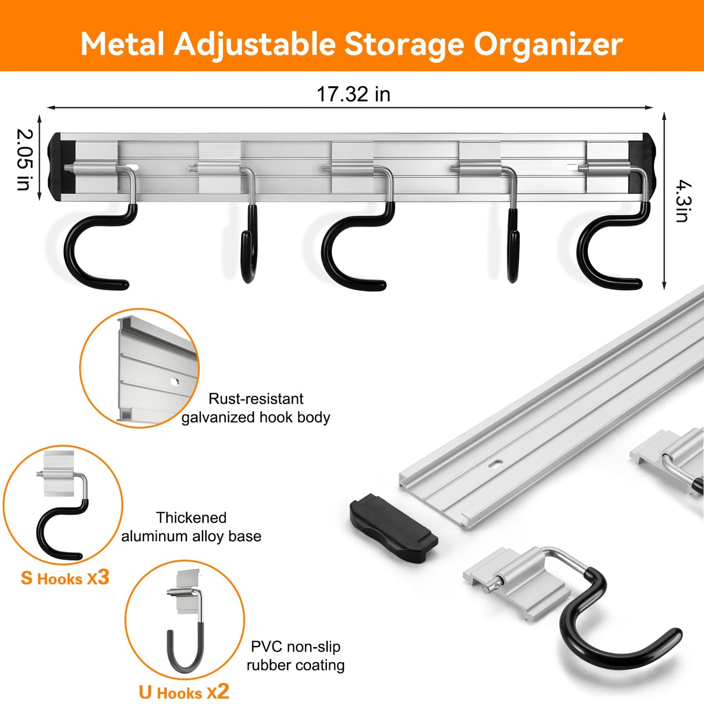 HUPBIPY 69'' Aluminum Alloy Garden Tool Organizer Wall Mount Garage Organizers and Storage with Hooks Tool Hangers for Shed Hooks for Shovel, Rake, Broom & More