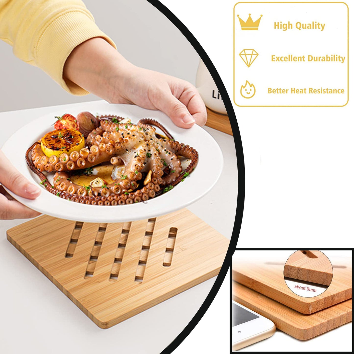 Bamboo Trivet,Hot Pads Trivet Natural Mat Set for Hot Dishes/Bowl/Teapot/Hot Pot Holders 4 Square 4 Roundness