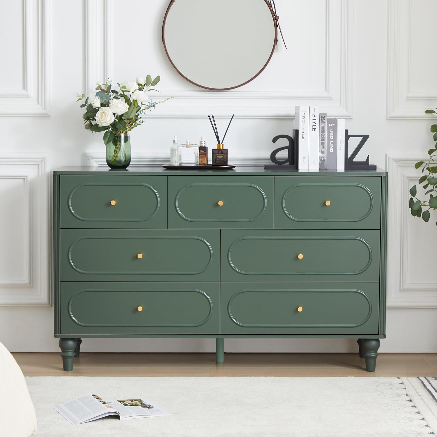 ORRD Fluted 7 Drawer Dresser for Bedroom, Mid Century Modern Chest of Drawers, Wood Storage Large Dresser Organizer for Bedroom Living Room Hallway Closet, Green