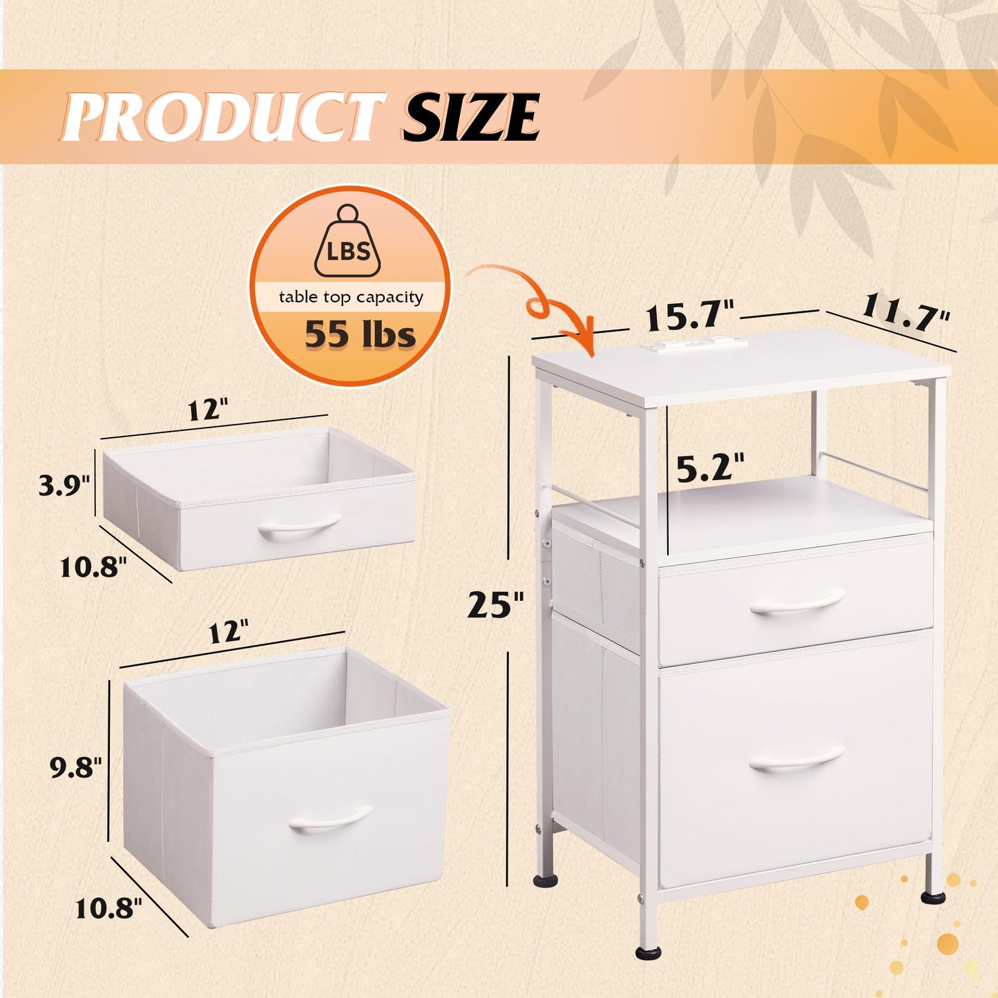 WLIVE 9-Drawer Dresser & Nightstands for Bedroom Set of 2, Organizer Unit for Bedroom with Fabric Bins, Steel Frame, Wood Top, Easy Pull Handle, White