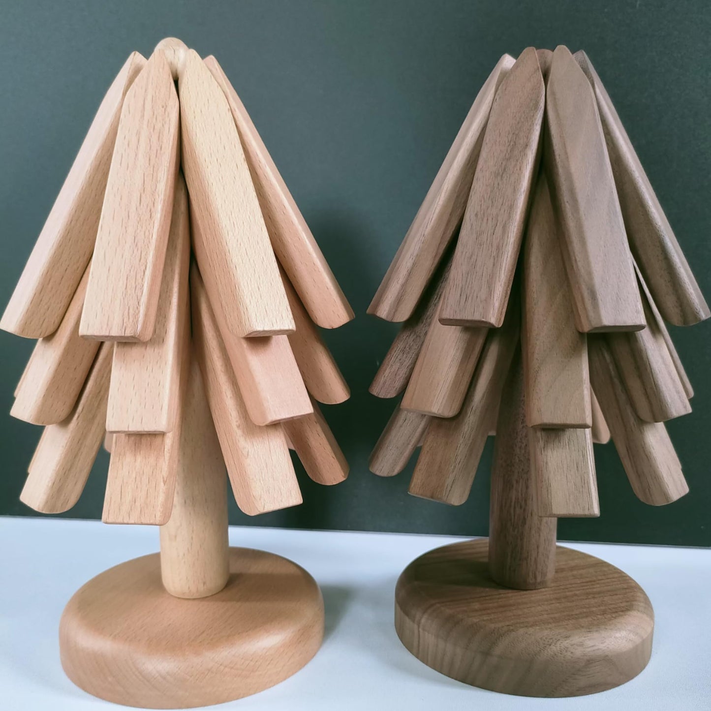 Wooden Tree Trivets for Hot Dishes, Tree Coasters Set for Hot Pot, Bowl, Teapot – 3 Wood Trivets + 1 Stand (Black Walnut, Color Box)