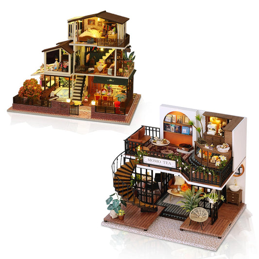Hallisun DIY Miniature House Building Kits, Romantik Villa and Momo Tea House 3D Wooden Dollhouse Toys, Birthday Festival Gift for Teens Adults with Dustproof Covers