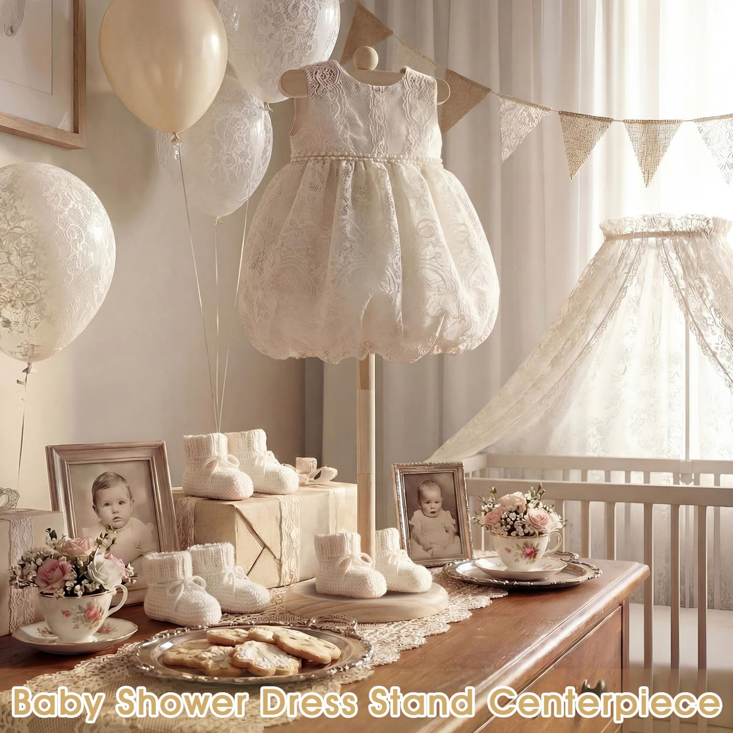 Bucherry 4 Pack Baby Clothes Display Stand Wooden Baby Shower Centerpiece Adjustable Height Circle Shaped Dress Hanger Doll Dress Outfit Stand Rack Hand Assembled Hangers Display Set (Wood Color)