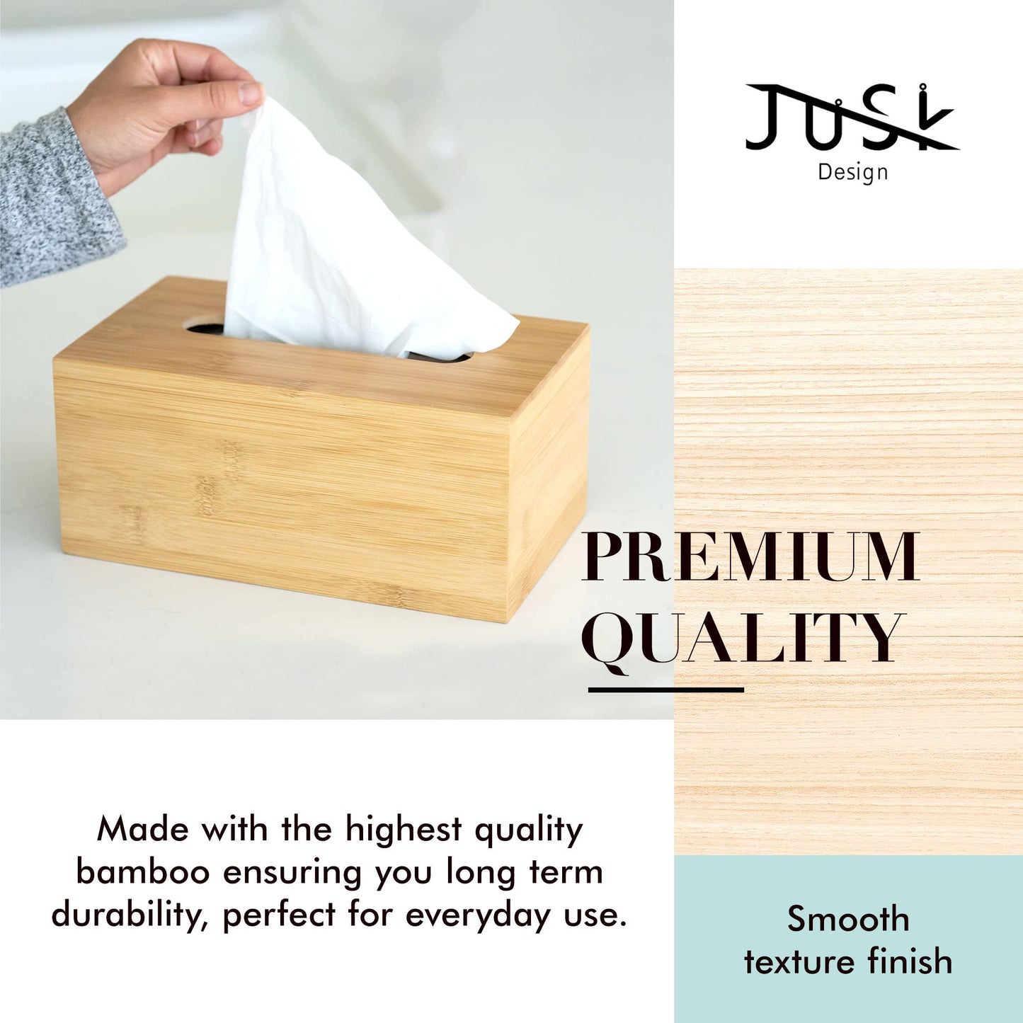 JUSK Design Tissue Box Holder, Modern, Minimalist, and Durable Wooden Bamboo Tissue Box with Sliding Bottom, Easy-Refill Premium-Quality Bamboo Tissue Box Cover, Fits 184-Count Box, Rectangular
