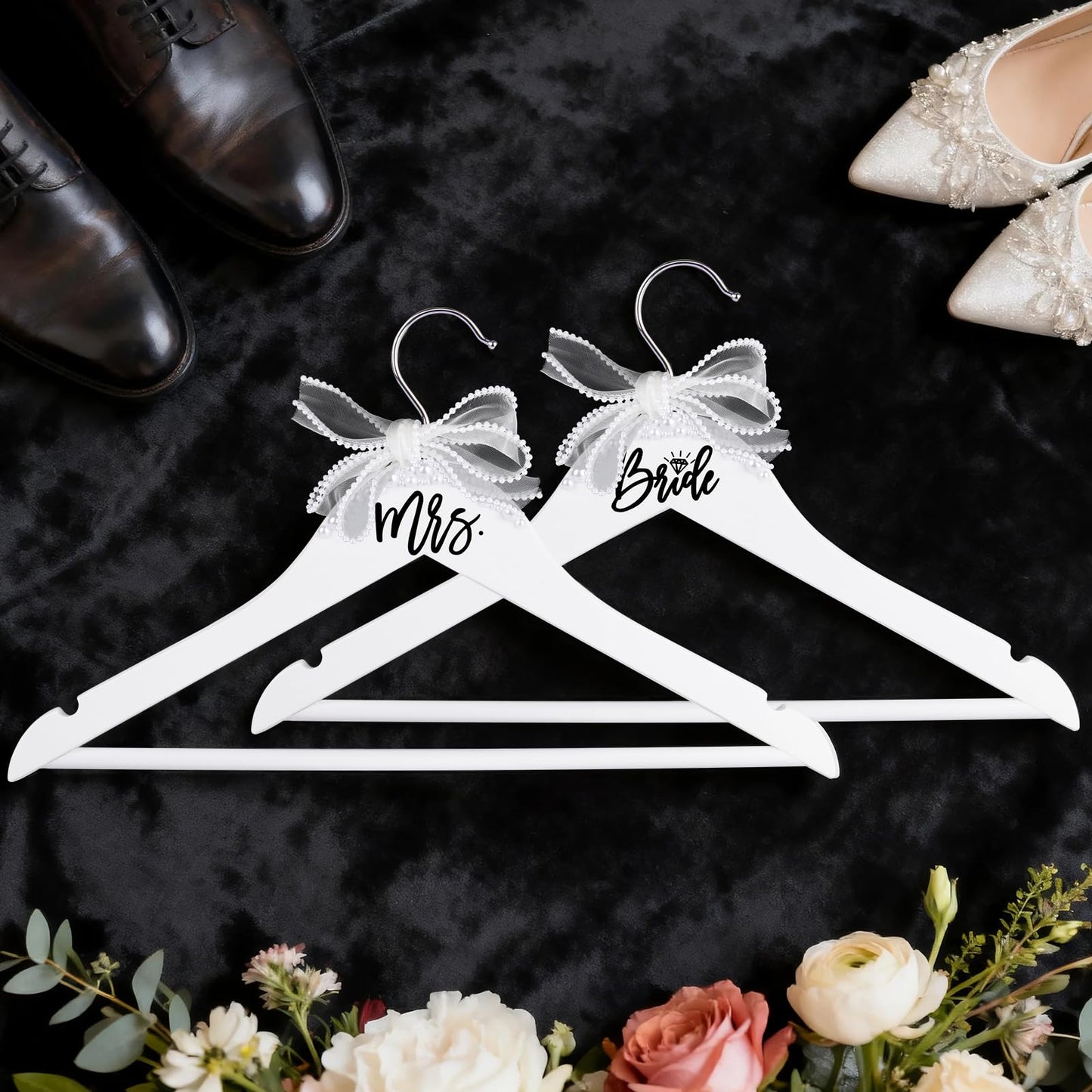 NINTHFIT Bride Hanger for Wedding Dress Wooden Pearl Hangers with Pearl Ribbon Bow Elegant Bridal Mrs Wedding Dress Hanger, 2PCS Personalized Wedding Hangers (White)