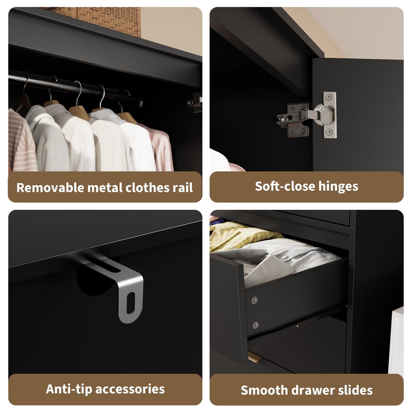 Garvee 70" Wardrobe Armoire Wooden Closet with 2 Doors and 3 Drawers, Bedroom Armoire with Hanging Rod Shelf, Large Capacity Storage Wardrobe Armoire, Freestanding Wooden Closet Storage Cabinet
