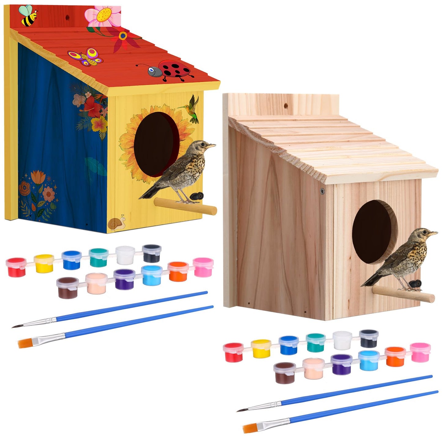 Humyoun 2 Pack Large Wood Bird Houses with Painting Kits for Outside with Pole Wooden Bird House for Finch Bluebird Cardinals Hanging Birdhouse Clearance Garden Country Cottages