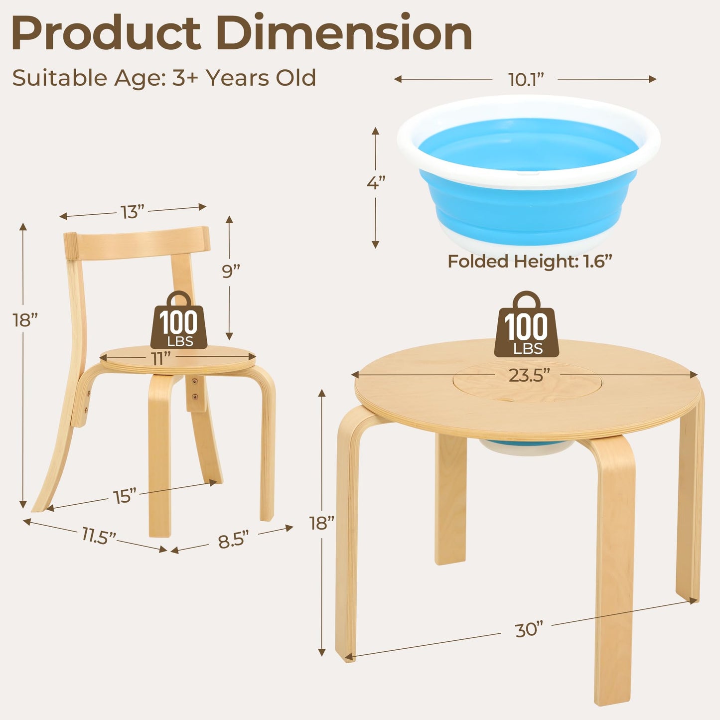 Bateso Kid Round Table and 4 Chairs Set with Storage Tub, Wooden Toddler Table Chair for Arts, Crafts, Eating, Learning, Kid Play and Activity Table for Home, Daycare or Playroom