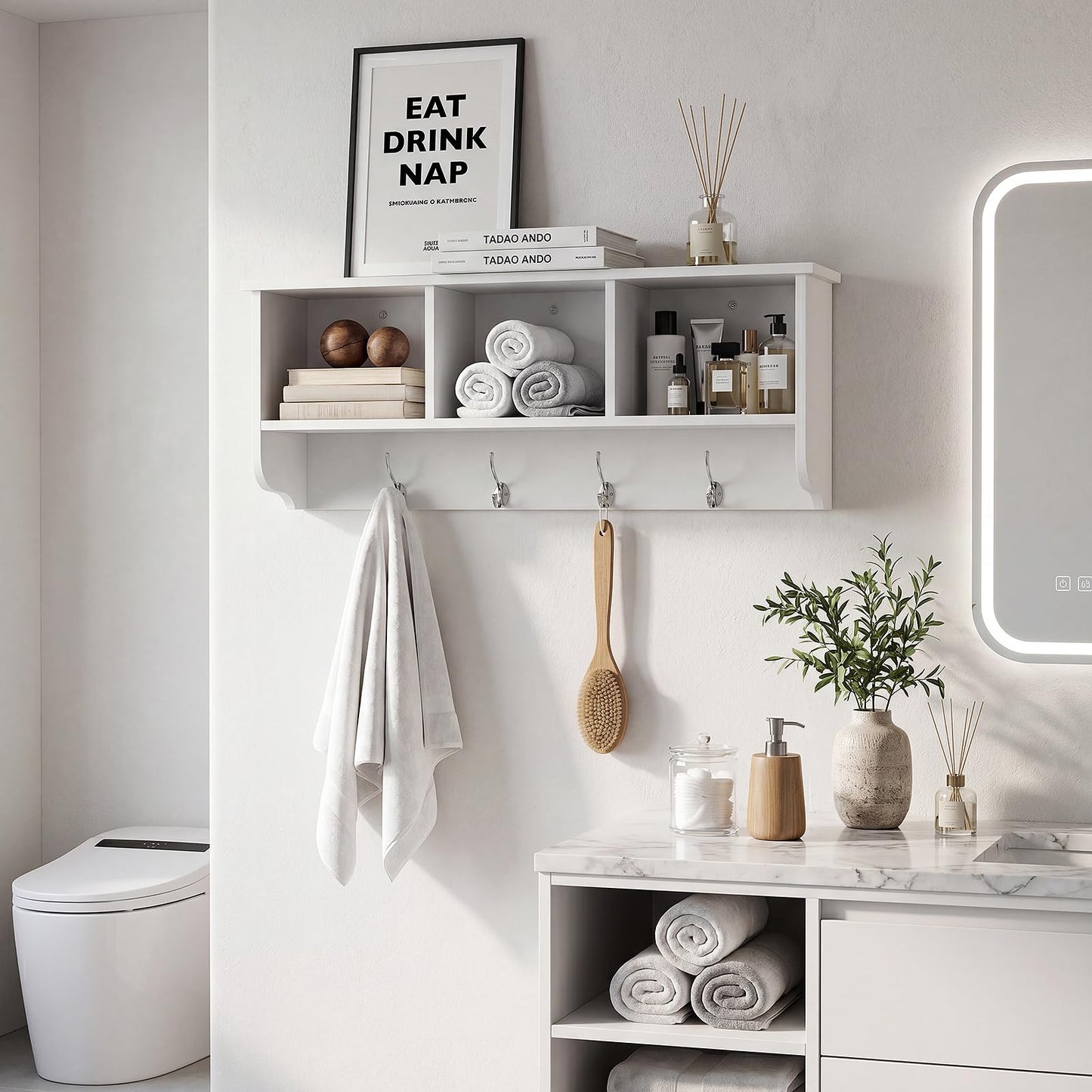 TUNGTAR 38.6inch Wall Mounted Entryway wooden Coat Rack with Storage Shelf 4 Dual Hooks Wooden Storage Living Room Wall Cabinet with 3 Cubbies Space Saving Hanging Shelf for Hats Bags Coats (White)