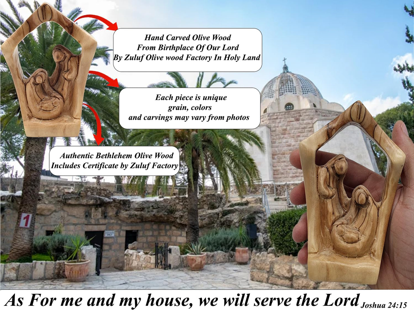 Zuluf 5.2" Olive Wood Holy Family Nativity Statue – Hand-Carved Figurine Made in The Holy Land – Religious for Catholic Home or Spiritual Display – HOF026