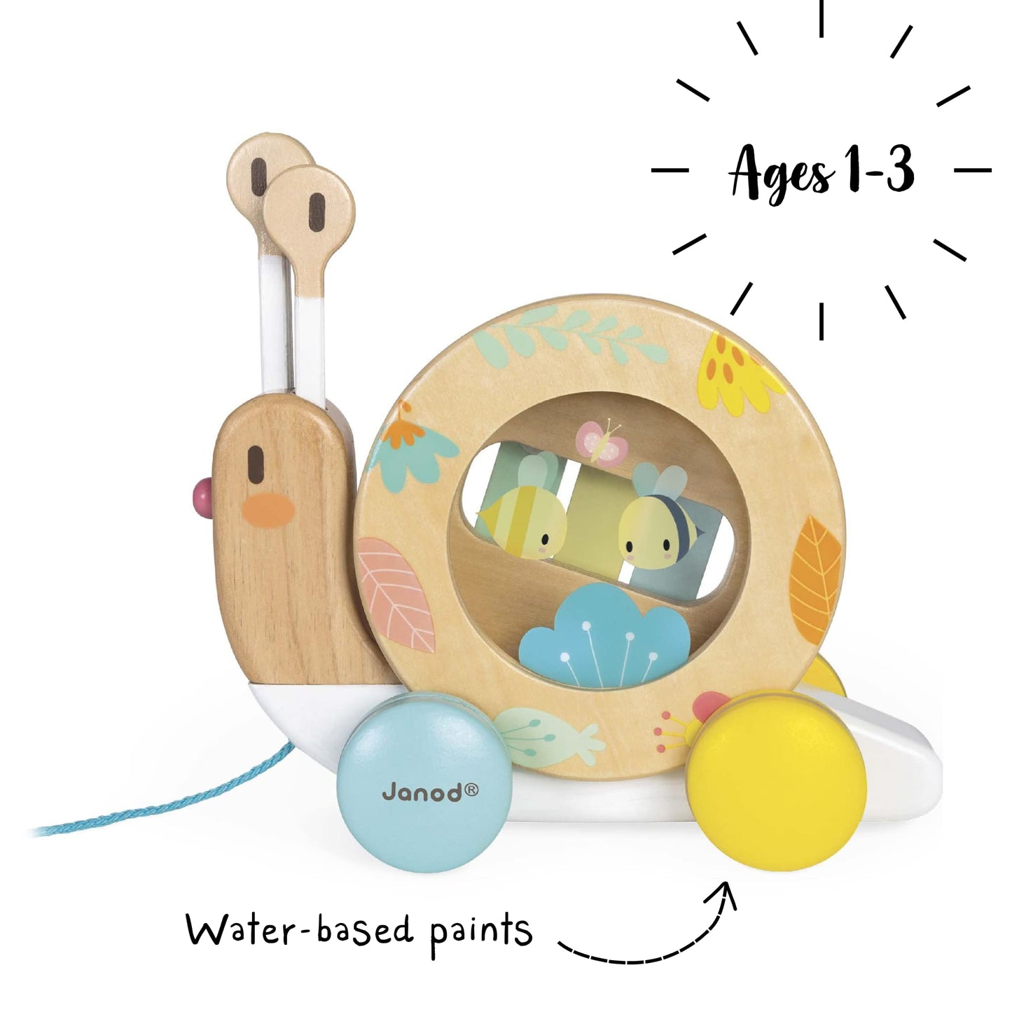 Janod Pure Pull Along Snail - Wooden 2-in1 Musical Toy - Ages 1+ - J05159