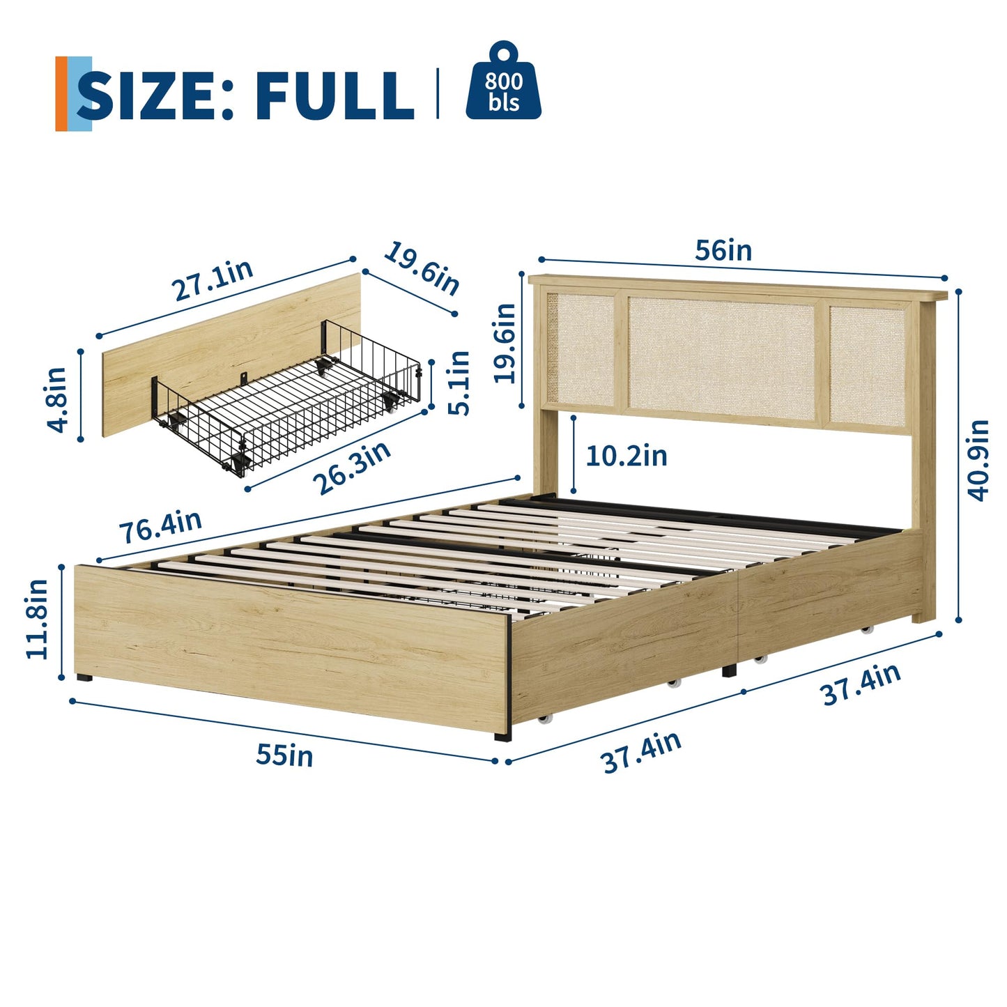 GAOMON Full Size Rattan Bed Frame with Natural Woven Headboard, Strong Wooden Slats and Metal Platform Base, Quiet Design, No Box Spring Required, 4 Storage Drawers