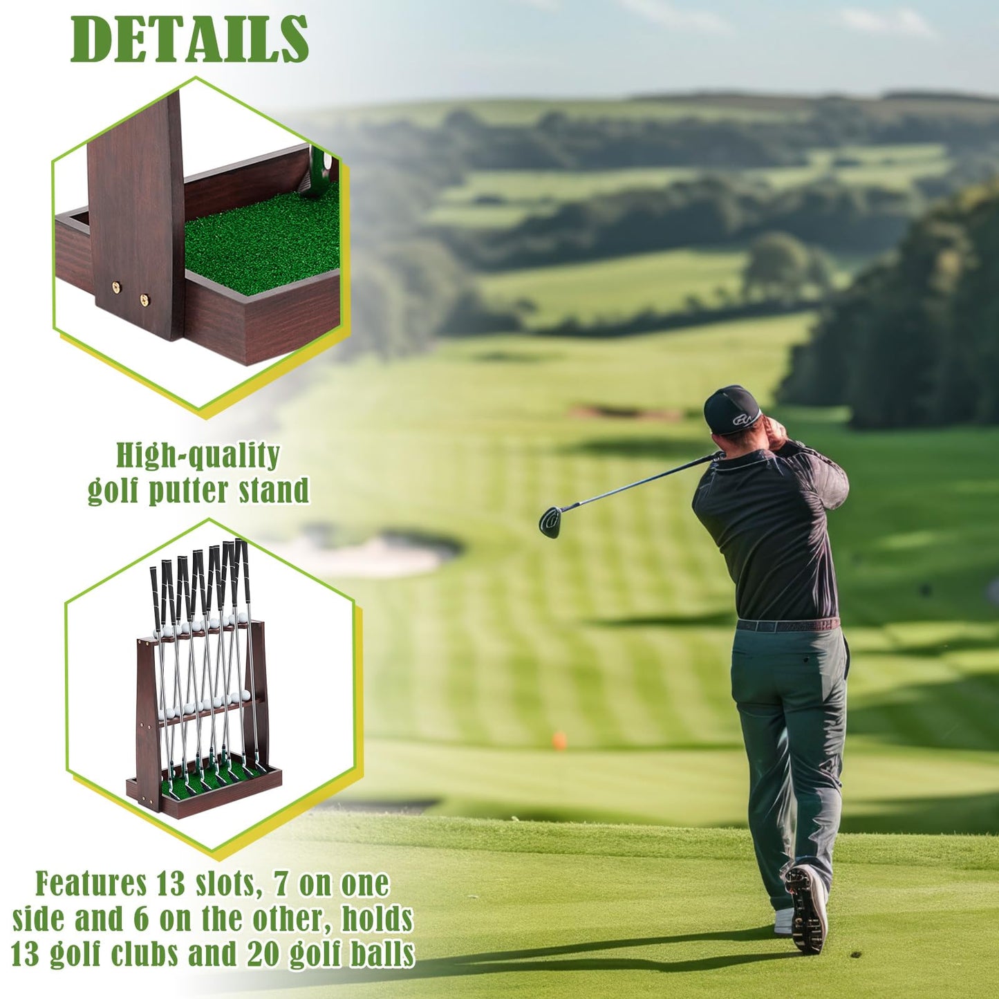 Lenwen Golf Club Rack Wooden Golf Putter Stand Holder Indoor Display Rack Holds 13 Clubs and 20 Golf Balls for Club Home Golf Simulators, Brown