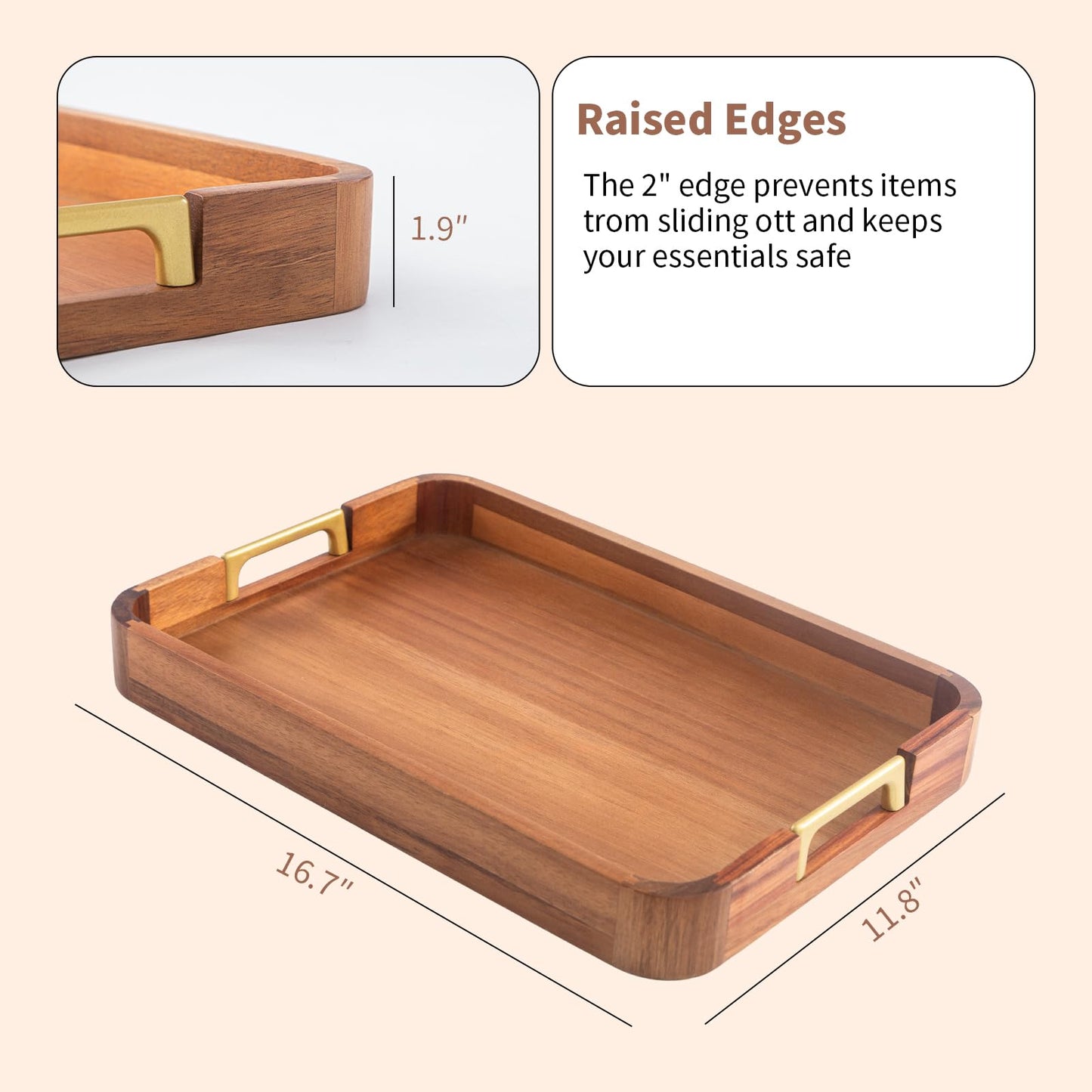 Wooden Serving Tray with Handle 16.7″ Acacia Wooden Tray for Ottoman Rectangle Ottoman Table Tray Serving Tray for Ottoman Decorative Tray for Dinner Breakfast Entertaining Guests