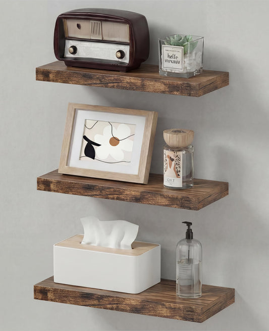 Duvique Easy Install Floating Shelves, 15.7 Inch Wall Mounted Wooden Shelf, Small Hanging Shelf for Home Decor, Books and Storage, Organizer for Bedroom, Bathroom, Kitchen, Set of 3, Vintage Brown