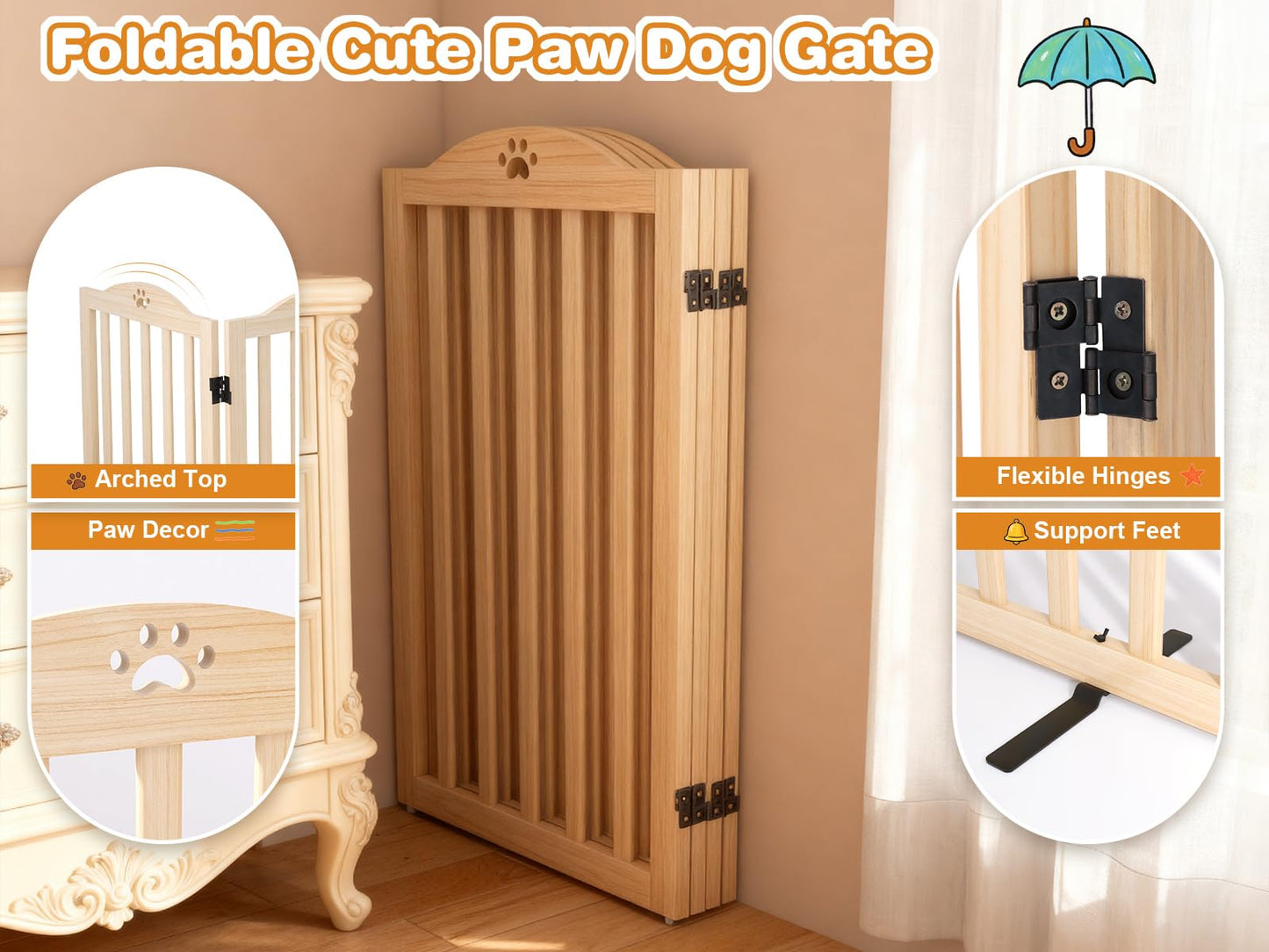 Oapety Wooden Dog Gate Indoor, 31.5" H Freestanding Doggy Gate, No-Painted Folding Cute Puppy Fence for Doorways Stairs Hallways, 4 Panels