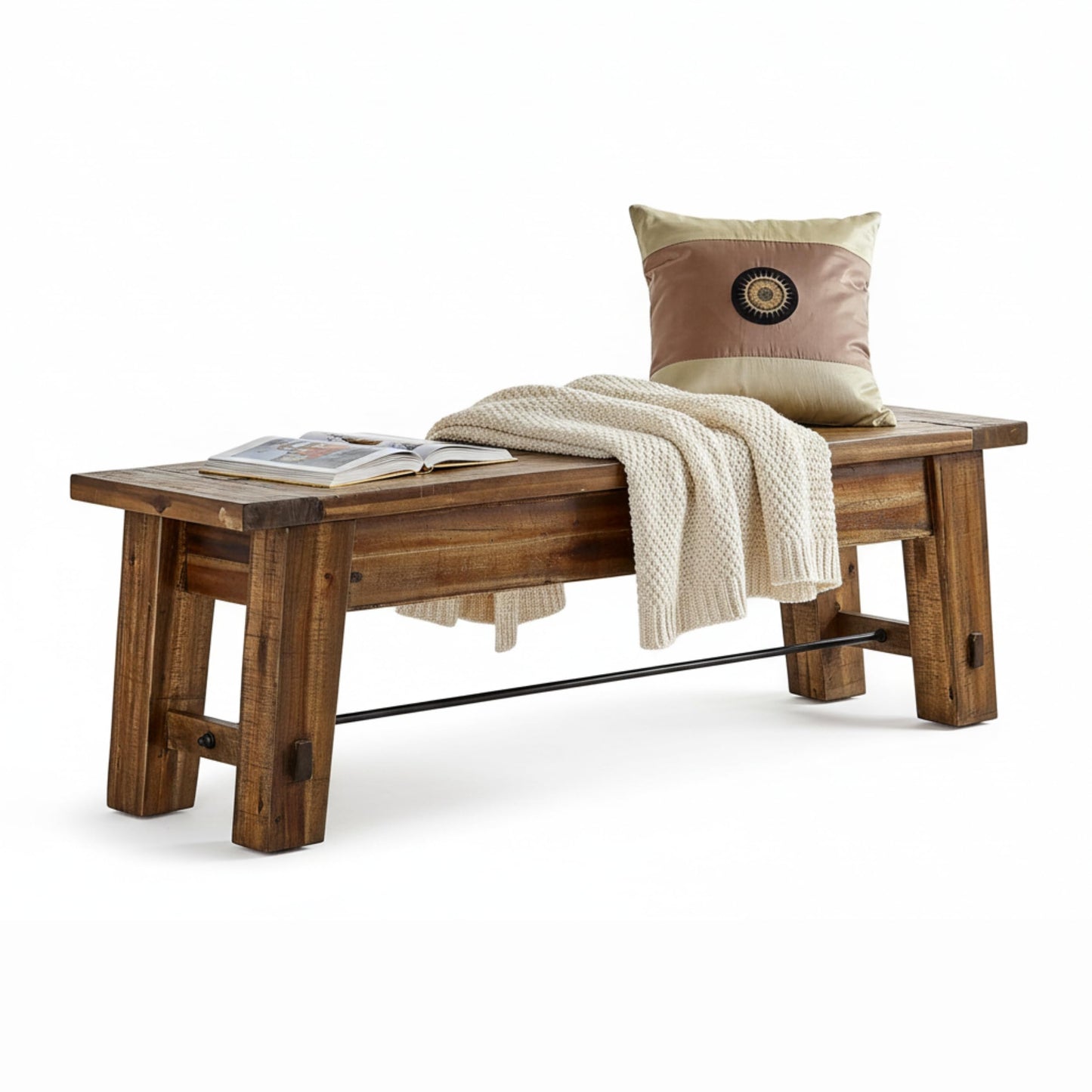 Alaterre Furniture Durango 60 Inch Solid Wood Entryway Organizer - Modern Farmhouse Bench with Metal Accent Bar for Entryway, Dining Room, Kitchen, or Bedroom (Natural)