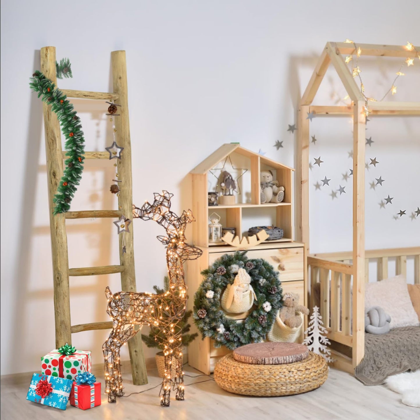 BOMINGHOME Fully Assembled Wood Ladder for Blankets, 5-Layer Structure Towel Rack, Farmhouse Style, Durable and Convenient Throw Blanket Ladder, Living Room Decoration