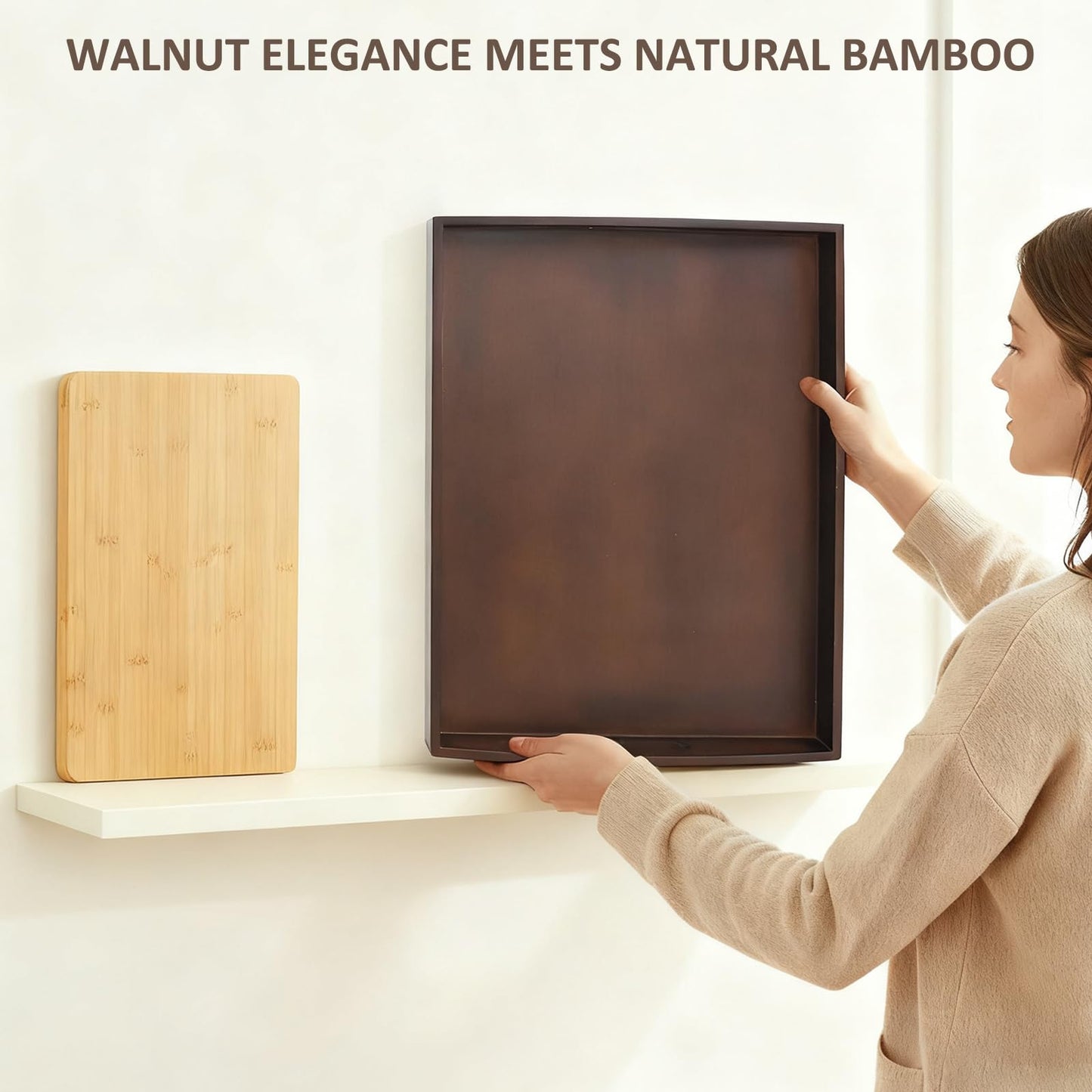 Bamboo Serving Trays with Handles, Set of 2 for Food & Coffee, Dark Brown