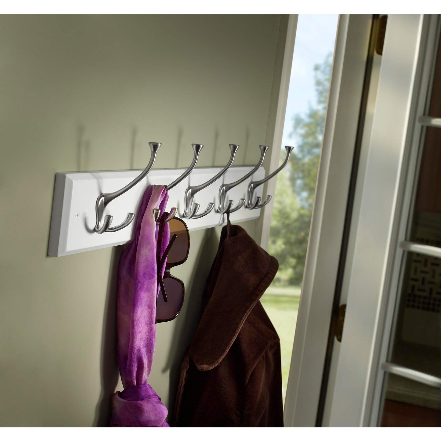 Liberty Hardware 129848 Wall Mounted Coat Rack with 5 Decorative Hooks, 27-Inch, Satin Nickel and White
