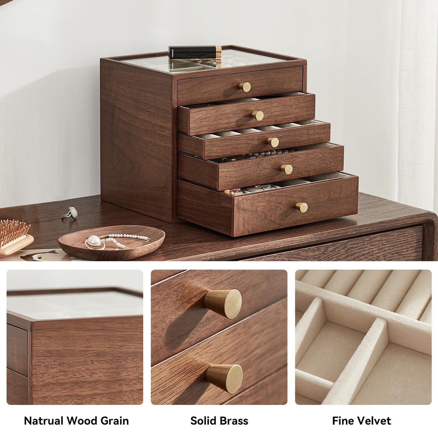 Homruilink Black Walnut Wooden Jewelry Box Women large 5 Layer Drawer Wood Organizer Box with Glass Lid for Necklaces, Watch, Necklace, Ring, Earring Storage - Fathers Day Gift