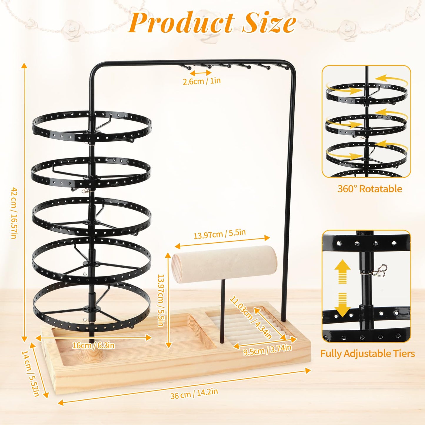 5-Tier Rotating Jewelry Organizer,Earring Holder Tree with Necklace Hooks, Bracelet Holder & Wooden Base, Multi-Functional Jewelry Stand for Women (Earring Rack, Necklace Organizer, Jewelry Tower)