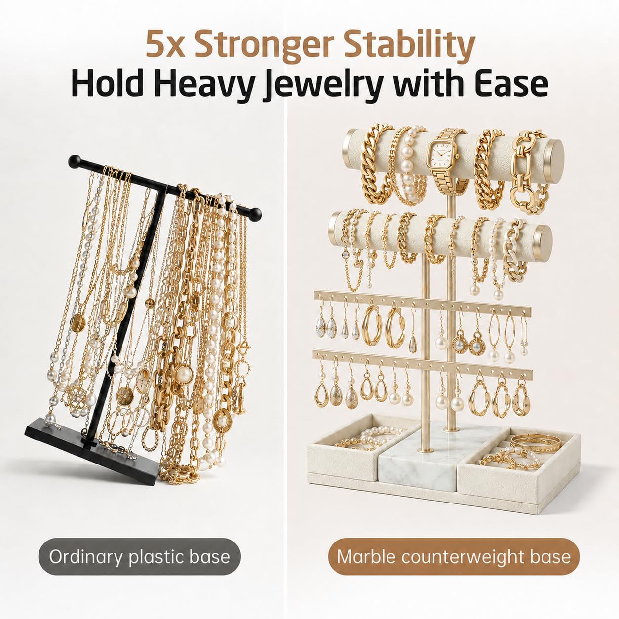 KES Natural Marble Bracelet Holder with 5X Weighted Base, Extra Sturdy 3 Tier Bracelet Holder Display for Necklaces, Earrings, Rings, Watches, T Bar Jewelry Holder Organizer, Beige, JTR500-WH