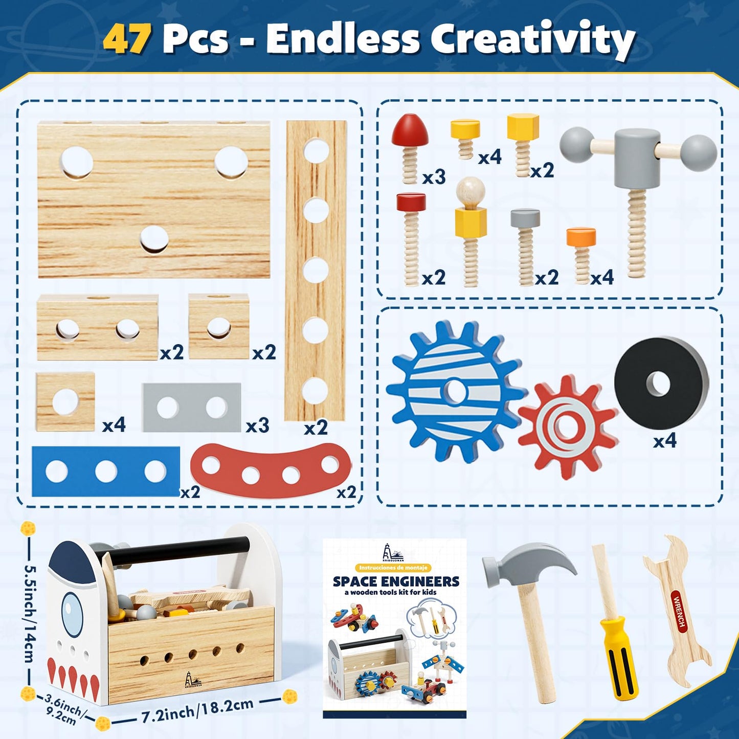 Wooden Kids Tool Set, Space Themed Montessori Toy, 47Pcs Construction Toolbox for Toddlers 3-5 Years Old