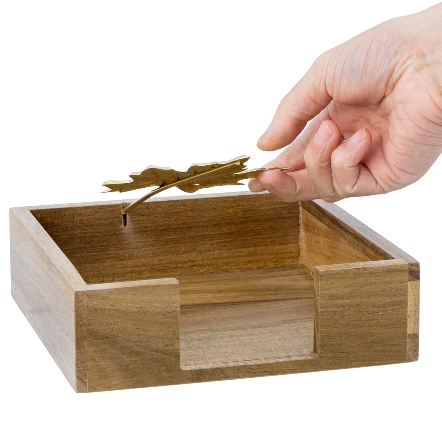 MyGift Premium Acacia Wood Tabletop Napkin Holder – Rustic Square Napkin Dispenser with Decorative Maple Leaf Weighted Arm for Kitchen or Dining Table