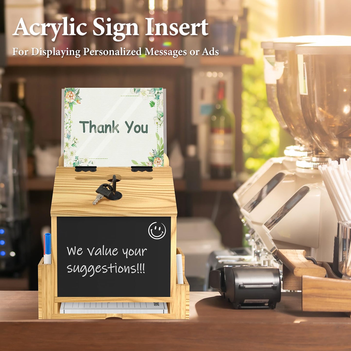 Wooden Suggestion Box with Acrylic Sign Holder, Locking Donation Box for Prayer, Comment , Ballot & Fundraising, Office Feedback Box With 50 Suggestion Cards and Pens, Wall Mounted or Countertop
