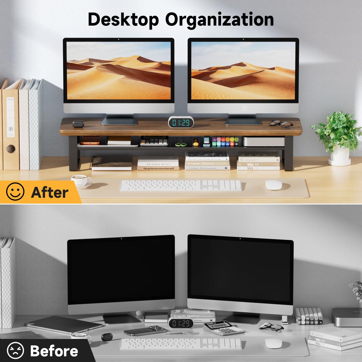 NestNeat Dual Monitor Stand, 35.4 Inch Monitor Stand Riser for 2 Monitors, 2 Tiers Wood Desk Shelf with Storage, Desktop Organizer Stand for Computer, Laptop, Printer, TV